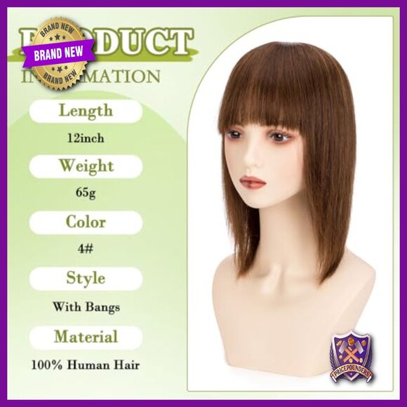 Human Hair Topper with Bangs 12 Inch Straight Silk Base Clip In Hairpiece main image 4